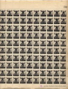 Briefmarken: ESPAÑA GUERRA CIVIL. HOJA COMPLETA DE 100 SELLOS DE AUX. DE INVIERNO 10 cts. MÁRGENES COMPLETOS